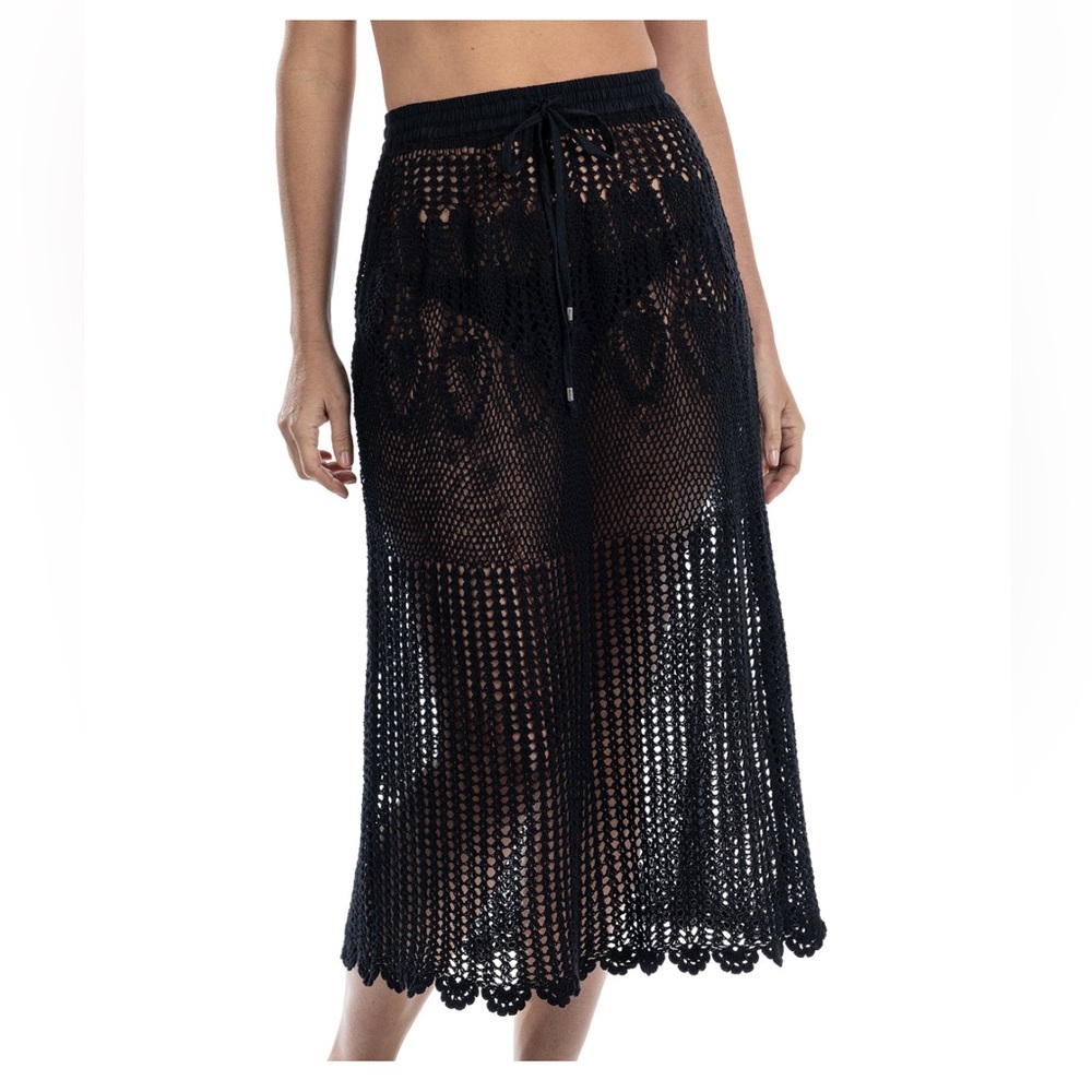 Women's Cotton Crochet Drawstring-Waist Cover-Up Black Maxi Skirt